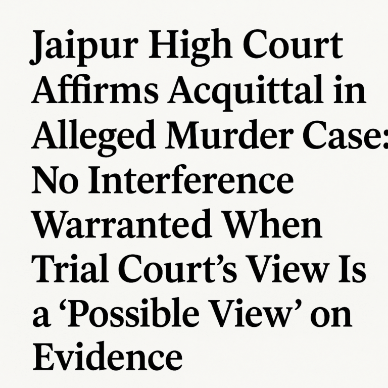 Jaipur High Court Affirms Acquittal in Alleged Murder Case No Interference Warranted When Trial Court’s View Is a “Possible View” on Evidence